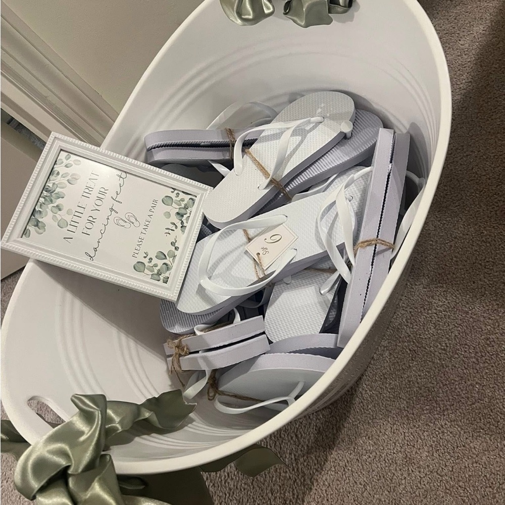 White Women's Flip Flops with bin & sign for wedding